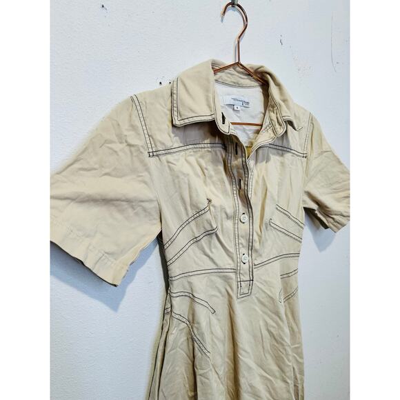 ROSETTA GETTY x RTR Beige Twill Collared Short Sleeve Bone Stitching Dress 0 - Picture 4 of 14
